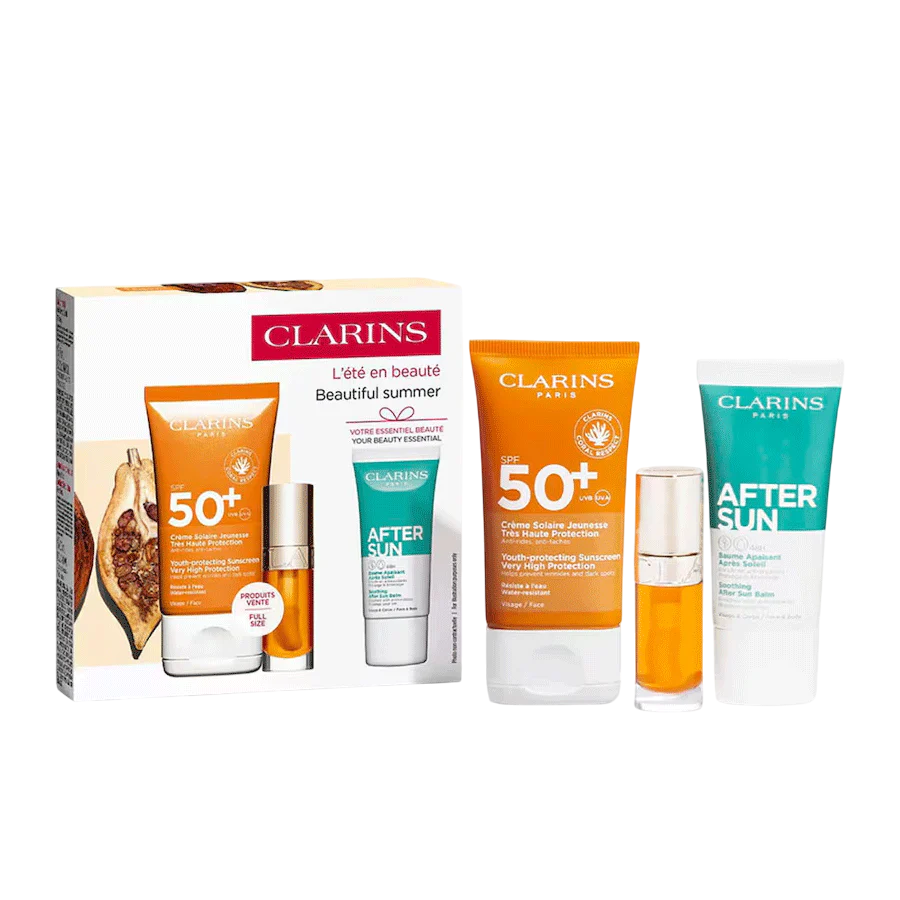 Set Clarins: Clarins, Hydrating, Sunscreen Cream, For Face, SPF 50+, 50 ml + After Sun, Regenerating, After-Sun Balm, 30 ml + Lip Confort, Lip Oil, 01, 7 ml
