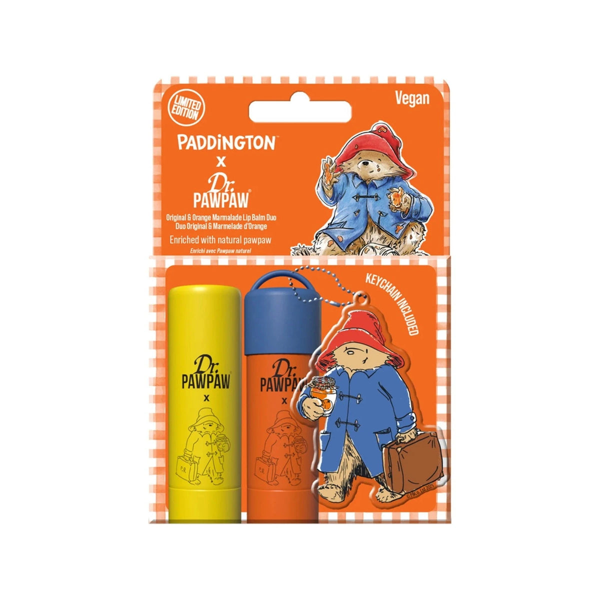 Dr. PawPaw Paddington Bear Original & Orange Marmalade läppbalsamduo med nyckelring, 4 g