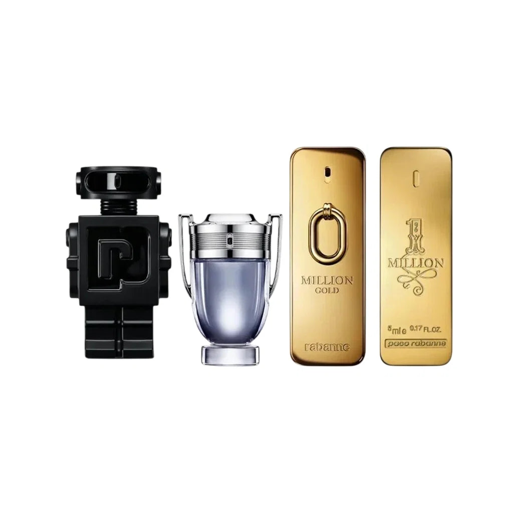 Set Paco Rabanne: 1 Million, Eau De Toilette, For Men, 5 ml *Miniature + Million Gold, Eau De Parfum, For Men, 5 ml *Miniature + Invictus, Eau De Toilette, For Men, 5 ml *Miniature + Phantom, Parfum, For Men, 5 ml *Miniature