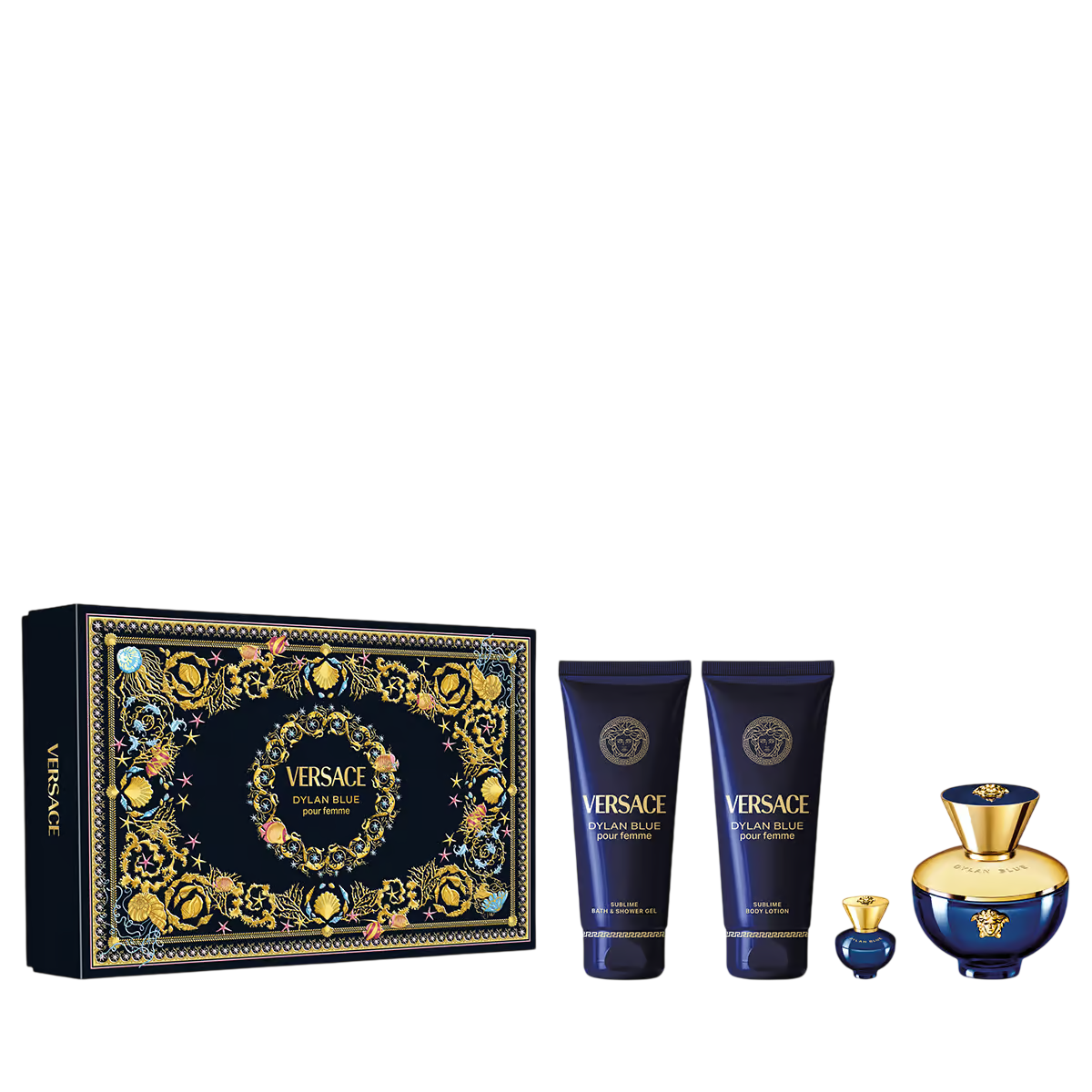 Set Versace: Dylan Blue, Eau De Parfum, For Women, 100 ml + Dylan Blue, Hydrating, Body Lotion, 100 ml + Dylan Blue, Hydrating, Shower Gel, 100 ml + Dylan Blue, Eau De Toilette, For Men, 5 ml
